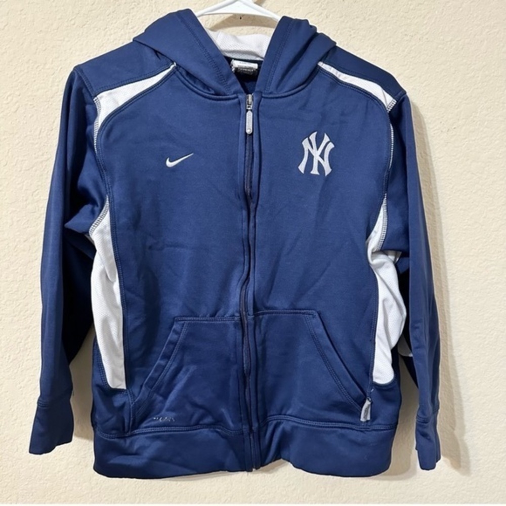 Nike NY Yankees Hoodie Jacket Blue White Zip Up Long Sleeve Dry Fit Hooded MLB